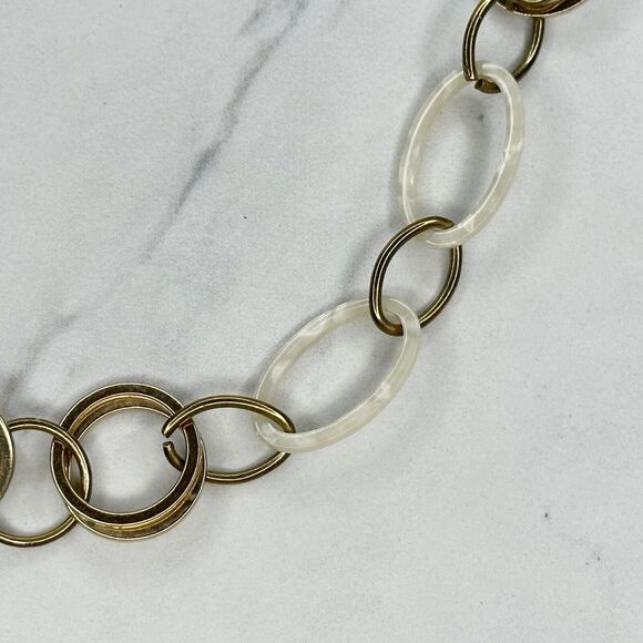 Gold Tone and White Long Chain Link Necklace - Picture 5 of 8